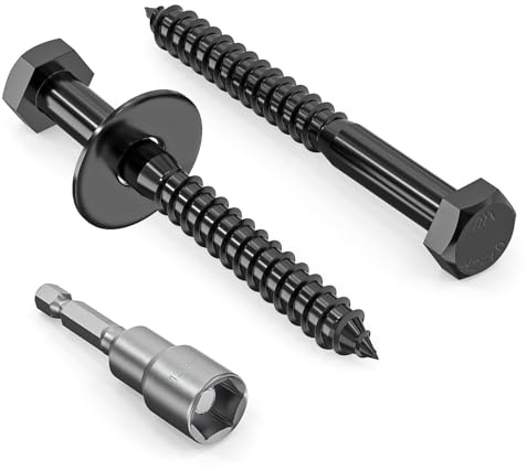 Zuyya 12 Stück Holzschrauben Sechskant M8 x 75 mm Sechskantschrauben | Schwarz Schlüsselschrauben Edelstahl A2 V2A mit Unterlegscheiben und Steckschlüssel