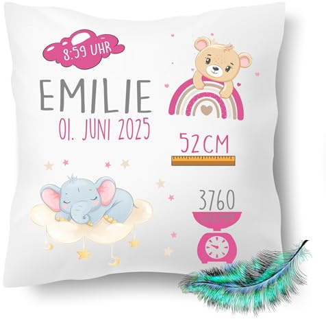 Print Deluxe Personalisierbares Kissen zur Geburt, mit Namen und Geburtsdaten für Jungen und Mädchen 40x40cm | Babykissen| bedrucktes Kissen| Geschenke zur Geburt, Taufe,Elefant, Teddy,Rosa