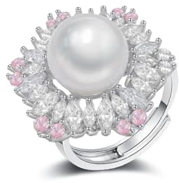Floral Pearl Statement Open Ring for Women, Adjustable Pink & Clear CZ Crystal Engagement Wedding Band Size O-V1/2, Dainty Rhinestone Flower Jewellery