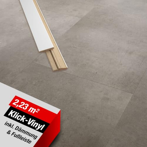 LaminatDEPOT Klick Vinylboden mit Trittschalldämmung & Sockelleiste [2,23 m²] - wasserfester Vinyl Bodenbelag mit Klicksystem - 12 Dielen in Beton-Fliesenoptik [Cilo Roof]