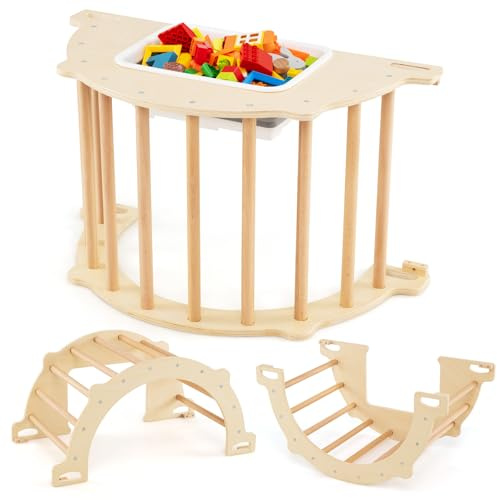 COSTWAY 8 in 1 Arco da Arrampicata per Bambini, Altalena ad Arco in Legno con Contenitore Pieghevole, Palestra Montessori per Bambini 3 Anni + (80 × 47 × 41 cm)