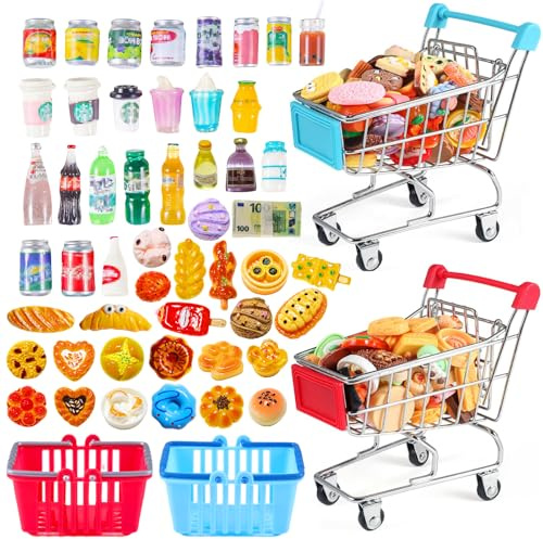 Jouets de Miniatures Alimentaires Boissons, Mini Nourriture Jouet 1/12, Accessoires de Cuisine de Noël Miniature avec Chariots de Courses Faux Billets Euros, Mini Aliments pour Maison de Poupée