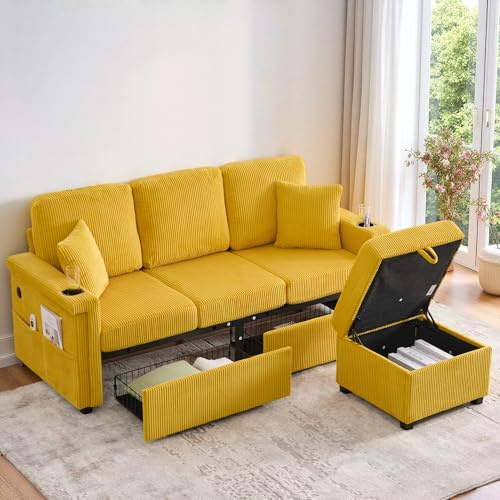 Vepssder Canapé d'angle,canapé 3 Places Relax en Velours de Haute qualité avec éclairage LED et Port USB-C, avec Repose-Pieds, Porte-gobelets Pratiques et Poches latérales (Jaune Moutarde)