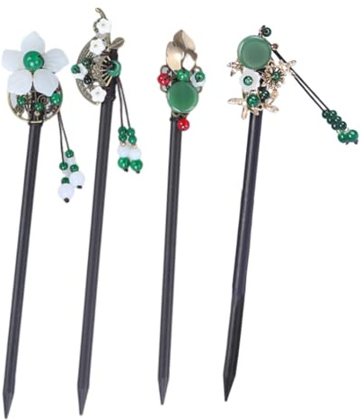 4 unidades de palillos chinos para el pelo para mujer, accesorios de palillos japoneses de madera, pinzas de cereza de madera roja, hechas a mano, disfraz de geisha para niñas, pelo largo (verde)