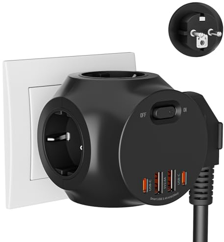 LustLocke Steckdosenwürfel Ohne Kabel, 4 Fach Steckdosenleiste mit Schalter, Mehrfachsteckdose mit 2 USB-C 2 USB-A, 16A/3680W Steckdosenadapter für Büro Hause Reisen (Schwarz)