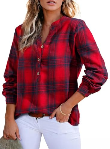 GRMLRPT Chemisier à Carreaux pour Femme à Boutons Blouse Femmes Manche Longue Chemise Col en V Décontracté Pulls Automne Printemps(Multicolore,S-XXL)