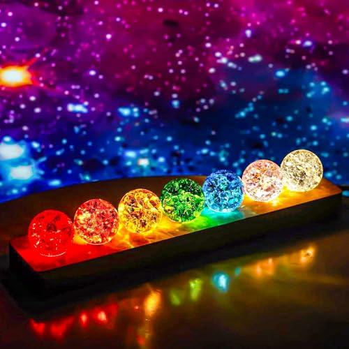 Boule de Cristal 7 Couleurs avec Socle LED en Bois pour Méditation, Salon | Lampe Décorative Veilleuse Chakra, Sphères de Guérison 40mm,Chambre à Coucher, Cadeau