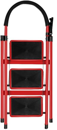 Escabeau 3 Marches, Pliable en Acier Solide et Stable - Marche Pied Pliable, Charge 150 kg - Plateforme de Travail, Antidérapante et Confortable 104 x 57 x 41,5 cm - 3 marches (Rouge)