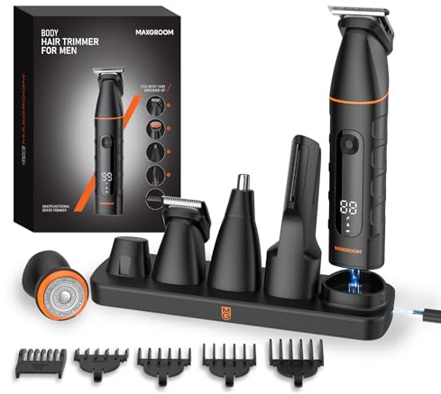 MAXGROOM Afeitadora Corporal Masculina 5 en 1, IPX6 Depiladora Corporal Hombre, Apto para Nariz, Barba, Cabello y Zonas íntimas, Cabezal de cuchilla magnético reemplazable, Fácil de limpiar