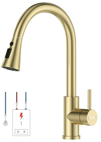 DAYONE Gold Niederdruck Armatur Küche Küchenarmatur, SUS304 Edelstahl Wasserhahn Küche, 3 Strahlarten Ausziehbare Brause, 360° Drehbar Mischbatterie für Boiler, Gold Niederdruck Spültischarmatur