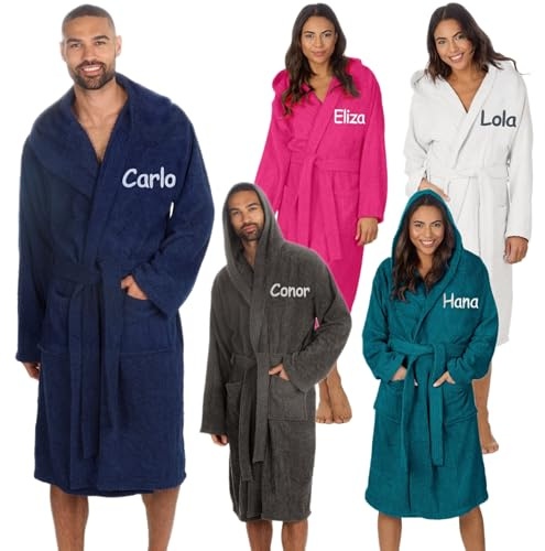 Personalised Adult Hooded Towelling Bath Robe 100% Cotton Luxury Bathrobe Absorbent Towel Robe for Men & Women Custom Gift Dressing Gown for Spa, Bathroom, Swim, Gym (L/XL - Navy Blue)