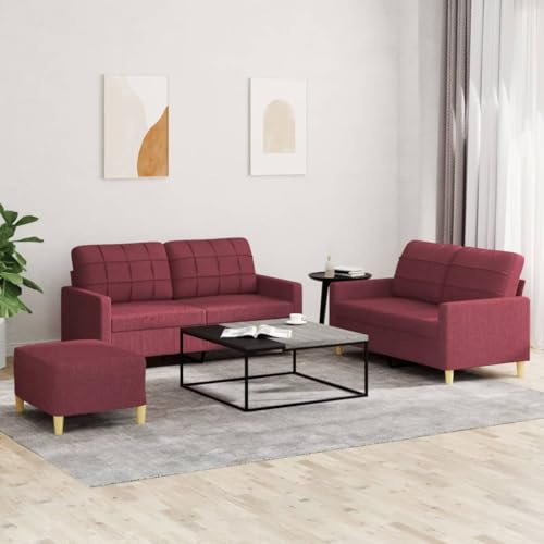 CKioict 3-TLG. Sofagarnitur mit Kissen Weinrot Stoff, Langlebige Polstergarnitur mit Hocker, Bequemes Sitzset für Wohnzimmer, Robustes Gestell aus Sperrholz und Metall,