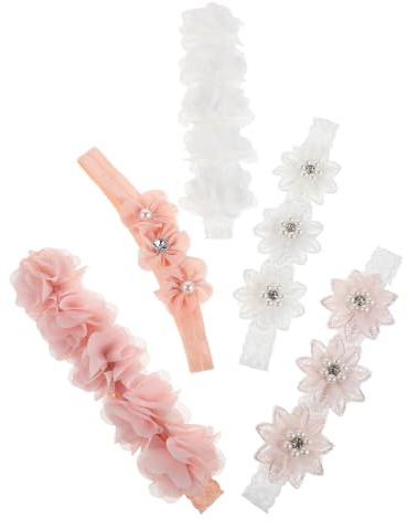 SOIMISS Set 5 Fasce per Chioma Neonata Elastiche Fiori Rosa e Perline Decorative Cerchietti Floreali Morbidi e Comodi per Bambine Accessori Chioma per Feste e Cerimonie