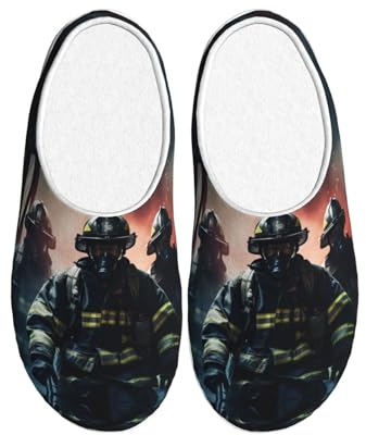 CADREWY Firefighter USA Flag Print Breathable and Cozy Washable House Slippers Unisex TPR Sole Indoor Outdoor shoes, Black, 5 US