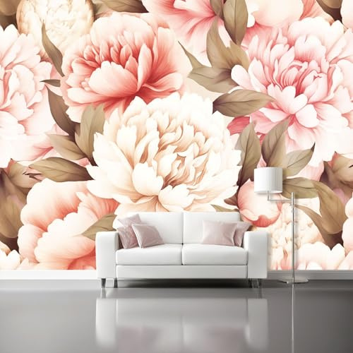 Carta da Parati Acquerello Fiori Peonie da Parati Autoadesiva, Crema Carta Adesiva Foto Murale Rotolo per Camera da Letto Soggiorno Corridoio 250 x 175 cm（WxH