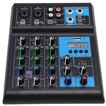 Denash Mezclador de Sonido de 4 Canales, Micrófonos UHF Inalámbricos Duales con Consola de Mezcla RGB, Bluetooth 5.0, Fuente de Alimentación de 48 V, Interfaz USB para Karaoke en
