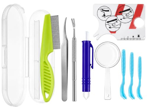 Xgvzs 1 Set Tick Tweezers 9 Pieces with Tick Card Magnifying Glass Removal Tool Plastic Metal for Dogs Cats