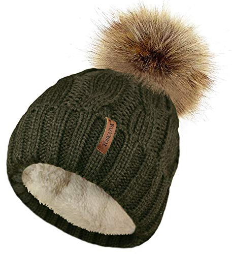 TOSKATOK Damen Chunky weichen Kabel Stricken Hut mit gem�tlichem Fleecefutter und abnehmbarem Kunstpelz Pompom-Olive