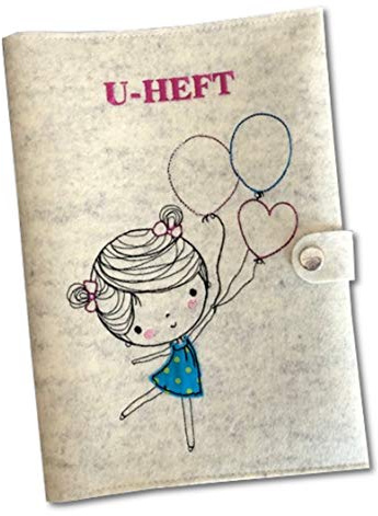 u heft hülle und impfpass Mädchen mit Luftballons mit extra Fächer und Lasche mit Druckknopf aus 100% Wollfilz - weis meliert