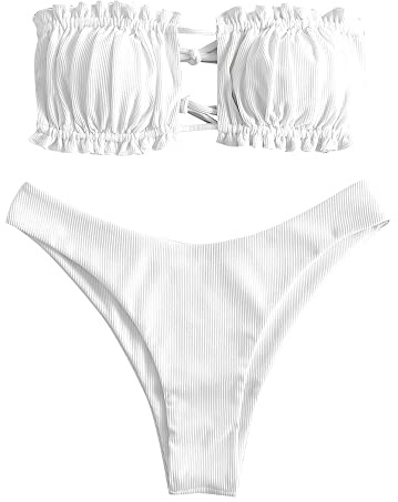 ZAFUL Damen Bikini Set, schulterfrei Bandeau mit Kordelzug & Rüschen High Cut Einfarbig Bademode (A-Weiß,M)