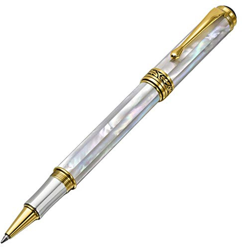 Xezo Maestro stylo-roller, pointe fine. Nacre blanche d'origine océanique avec placage en platine pur. Fabriqué à la main, édition limitée, numérotée