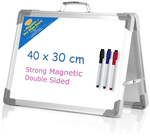 Kompaktes Whiteboard für den Schreibtisch, doppelseitig, magnetisch, zusammenklappbar, Staffeleitafel, 40 x 30 cm, inkl. 3 Stifte, ideal für das Home-Office
