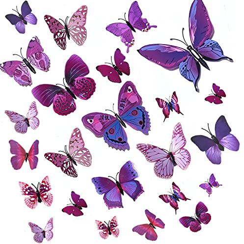24 Pièces 3D Papillon Stickers Muraux Décoration Papillon pour Fête, Chambre, la Décoration de Gâteau, pour Filles et Garçons (Violet)