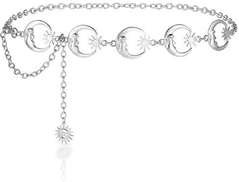 Geyoga Taillenkette Gürtel Damen für Kleid Jeans Metall Kettengürtel Verstellbare Mehrschichtig Bauchkette Silber Mond Stern Sonne Körperketten Hüftkette Schmuck für Damen Frauen