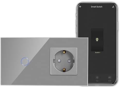 CNBINGO Smart Touchschalter mit Schuko Steckdose unterputz Grau | WLAN Lichtschalter Arbeit mit Alexa, Google Assistant - Wandschalter einfach mit Glasrahmen - Neutralleiter Wird Benötigt