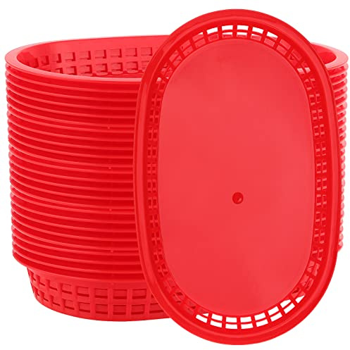 MANCHAP 50 Pack 10.6 x 7 Inches Plastic Fast Food Baskets, Oval Plastic Food Serving Basket for Bread, Fruits, Hot Dogs, BBQ, Fries, Red