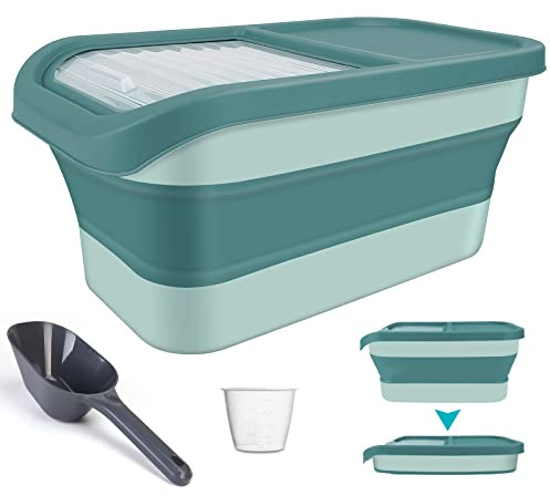 YECERCAN Pet Food Storage Containers, Collapsible Dog Food Container with Sliding Lid,13lb Cat Food Storage with Measuring Cup & Scoop, Plastic Dog Food Bin（green）