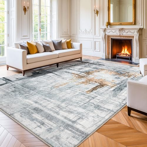 Tinyboy-hbq Tapis Salon Moquette Chambre Style Moderne Artistique Traditionnel Unique Tapis de Salon Doux à Poils Courts Antidérapant Intérieur Moelleux pour (Gris/Or, 200 x 300 cm)