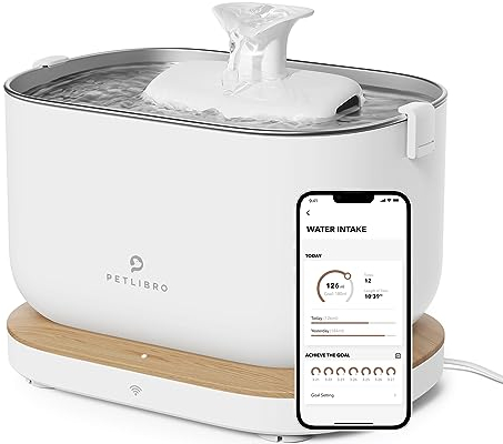 PETLIBRO Dockstream Cat Fountain, Smart Water Intake Tracker, 2.4 GHz WiFi App Control, Pet Drink Dispenser with Stainless Steel Tray, Plug-in Power Supply Required (White, 2.5L)