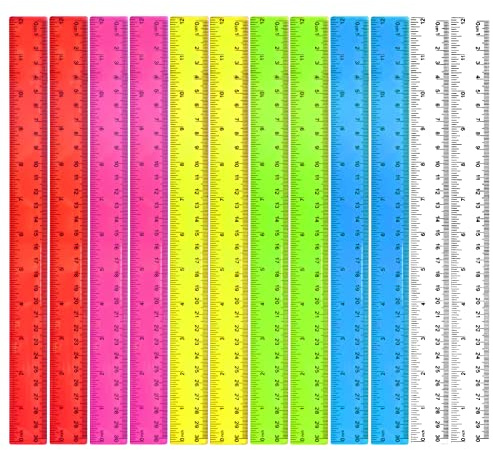 12Pcs Plastic Ruler 30cm/12in Shatterproof Colorful Transparent Straight Measuring Rulers 30 cm Multipack Long Clear Coloured Rulers Set for Kids School Supplies Gift Office