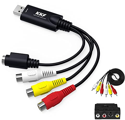 Kkf USB 2.0 Video Capture Card for Streaming – VHS to Digital Converter, with Audio Transfer Grabber, Digitize Video DSLR DVD PS3 PS4 Camera Adapter, for Mac, PC or Notebook (IU037B-2)