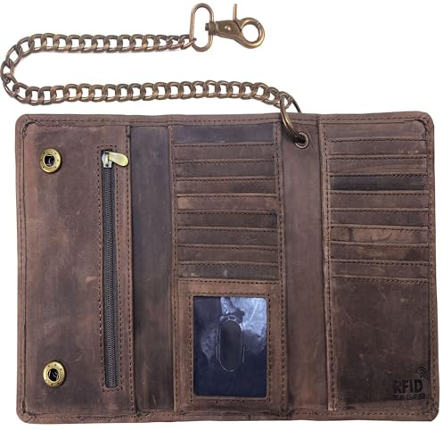 IBRO Motorcycle Chain Wallet for Men – Premium Cowhide Leather, RFID Tri-Fold Biker Wallet for Bikers Truckers & Hunters, Credit Card Money Organizer Long Wallet Vintage Chain Crazy Horse Brown