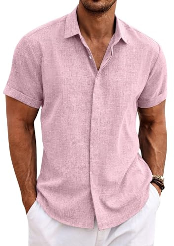 COOFANDY Chemise en Lin pour Hommes Chemise à Manches Courtes Boutonnée Coupe régulière Chemises décontractées Chemise d'été en Lin de Plage