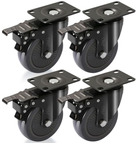 .PRO Heavy Duty 600kg 100mm Swivel Trolley Caster Wheels (Black) - Industrial Strength Furniture Moving Casters with Screws, Bolts, Locking, Non-Marking (All Wheels With Brakes)