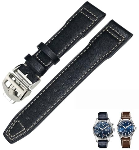 EAMOM 20 mm 21 mm 22 mm Echtleder-Armband passend für IWC Fliegeruhr IW3777 PORTOFINO Mark 18 Schwarz Blau Braun Armband Herren (Color : Black white Folding, Size : 22mm)