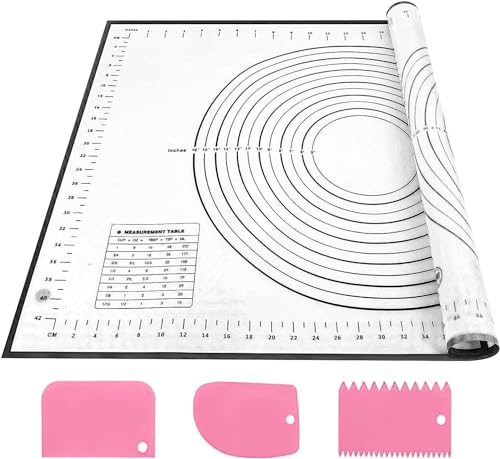 SAEIV Tapis de cuisson en silicone 70 x 50 cm - Antidérapant - Anti-adhésif - Avec mesure - Pour fondant, pâtisserie, pizza, sans BPA (noir + 3 grattoirs)