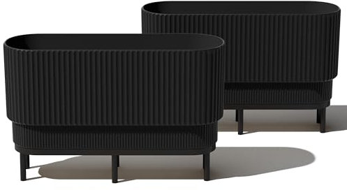 Veradek Demi Series Raised Long Planter for Indoor/Outdoor Use | Made from Plastic & Stone w/Wooden Stand | Modern Patio Décor for Flowers/Shrubs