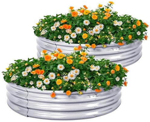 KINI MOX 2Pcs Raised Garden Bed 4x4x1 FT Round Galvanized Metal Raised Garden Boxes Outdoor Planter Box for Vegetables Flowers Herb (4×4×1 FT / 120 * 120 * 29 CM)