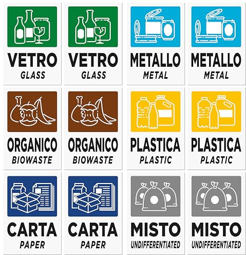 12 Adesivi GRANDI XL per Raccolta Differenziata | Formato CM 15x21 | Etichette Grandi per Contenitori Rifiuti in Italiano ed Inglese | 12 PZ