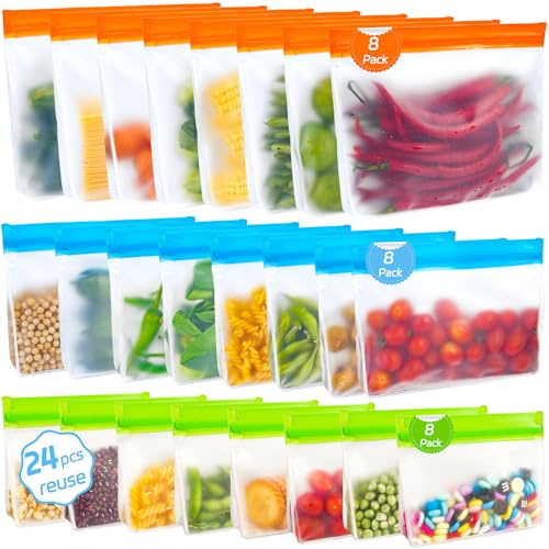 Pameil 24 Stück Gefrierbeutel Wiederverwendbar, Vertikales Design, Doppelreißverschluss, PEVA-Material, BPA-frei, in Blue, Orange, Green, Ideal für Lebensmittelaufbewahrung und -frischhaltung