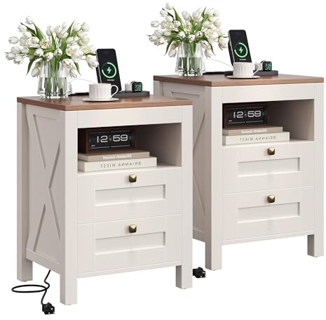 Luoxiao 18 Nightstand Set of 2 with Charging Station, Farmhouse End Table