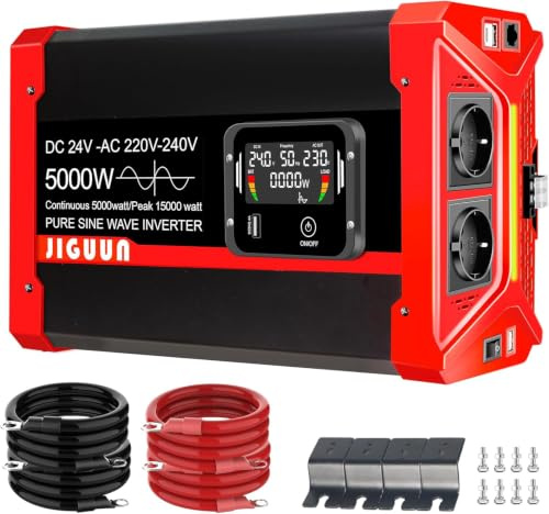 JIGUUN 5000W/15000W Convertisseur 24V 220V Pur Sinus Onduleur | 2 Prises EU & 3 Ports USB & Tycp-C，Convient aux Camping-Cars, camions, campings, systèmes solaires Hors réseau, etc.