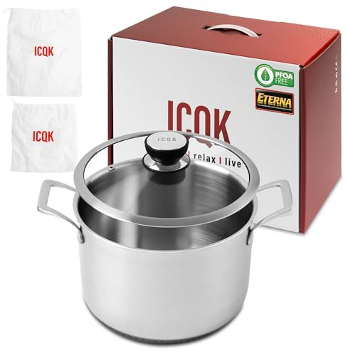 ICQK Topf aus Edelstahl, Durchmesser 24 cm, inklusive Deckel, 8 Liter, kompatibel mit Induktion, Elektro, Keramik, Gas, dreilagiger Boden, Griffe aus Stahl, Matte Pod 24 x 18, Unterstützung ITA