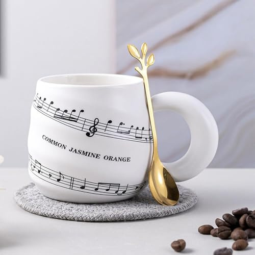 Huiyiwert Porzellan Kaffeebecher mit Löffel Musiktasse Musikmotiv bedruckt Kaffeetasse 340ml Frühstückstasse Trinkbecher Geschenk Tasse Milchbecher für Musikliebhaber Musiker (Weiß)