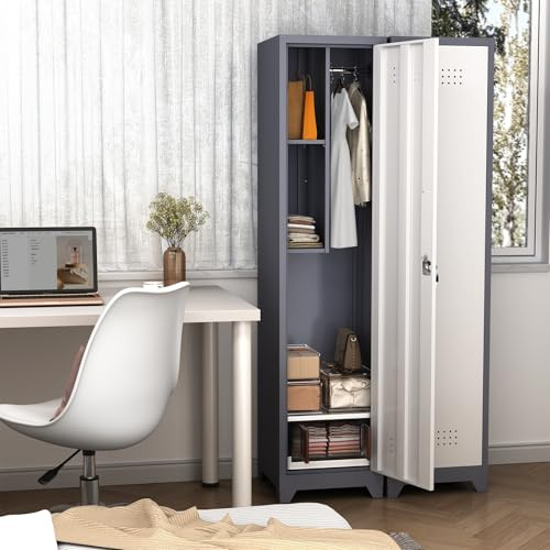 LUCYPAL Slim Broom Storage Cabinet with Shelves,Metal Cleaning Tool Cabinet with Locking Doors and Hanging Rods,Tall Broom Utility Closet Cabinets for Kitchen,Pantry,Home Office,White&Grey
