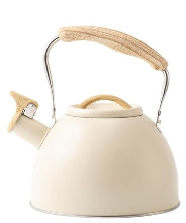 Bouilloire à thé, bouilloire sifflante de 3 litres, théière en acier inoxydable de qualité alimentaire avec poignée pliable en bois pour cuisinière, bouilloire sifflante pour thé, café, lait(Beige)